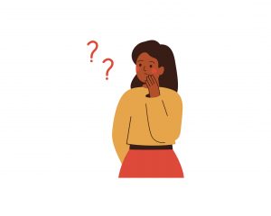 Cartoon illustration of a woman unsure of something to represent wondering about what is normal about postpartum bleeding and swelling