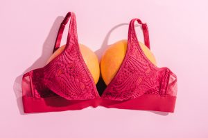top view of bra with two oranges on pink, breasts concept, #freethenip