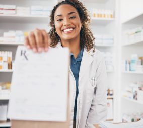 Pharmacy, OTC pill, aka OPill medicine bag or portrait of woman giving package to pov patient in customer services.