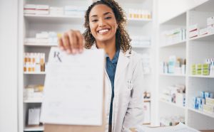 Pharmacy, OTC pill, aka OPill medicine bag or portrait of woman giving package to pov patient in customer services.